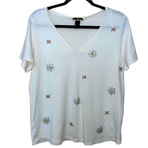 H&M White T-Shirt With Bling Bead Detail Size Medium